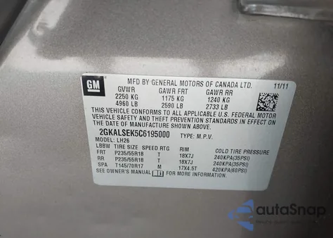 2012 GMC Terrain Sle из США, поврежденный, VIN 2GKALSEK5C6195000